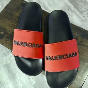 New Authentic Balenciaga Big Logo Men Solar Slides Slip On Red Black US 12